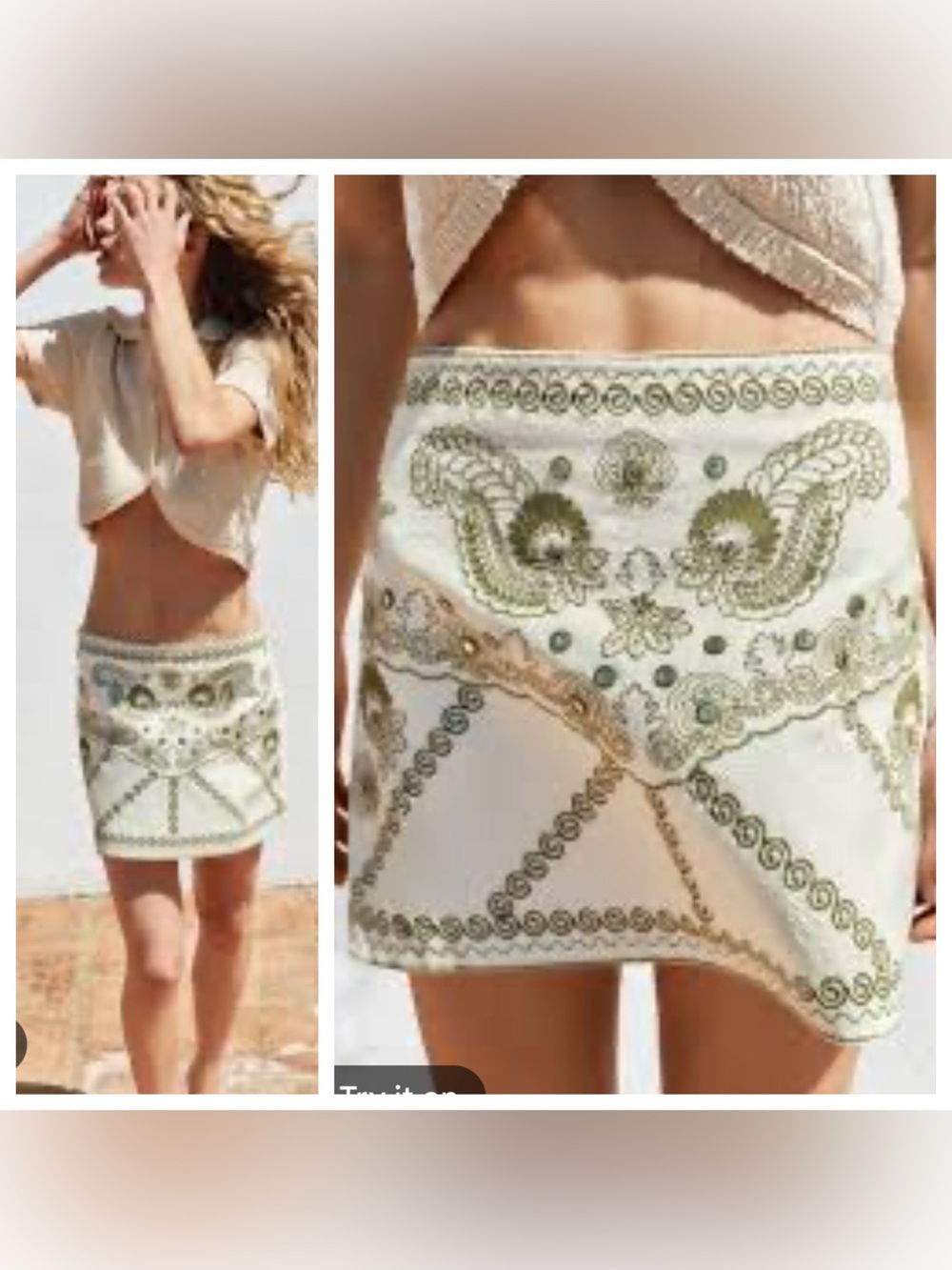 Zara Embroidered Mirror Appliqué Mini Skirt in Cream / Olive Green